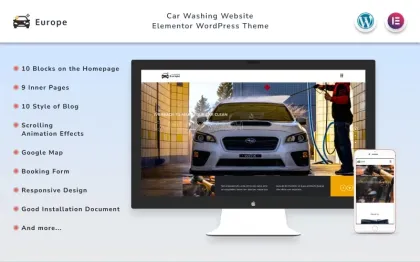Europe Car Washing Website Elementor WordPress Theme 1.1 GPL Theme