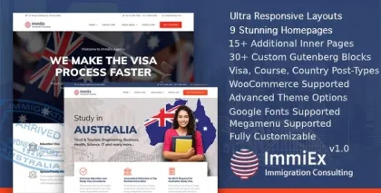ImmiEx Immigration law, Visa services support, Migration Agent Consulting WordPress Business Theme 1.5.8 GPL Theme